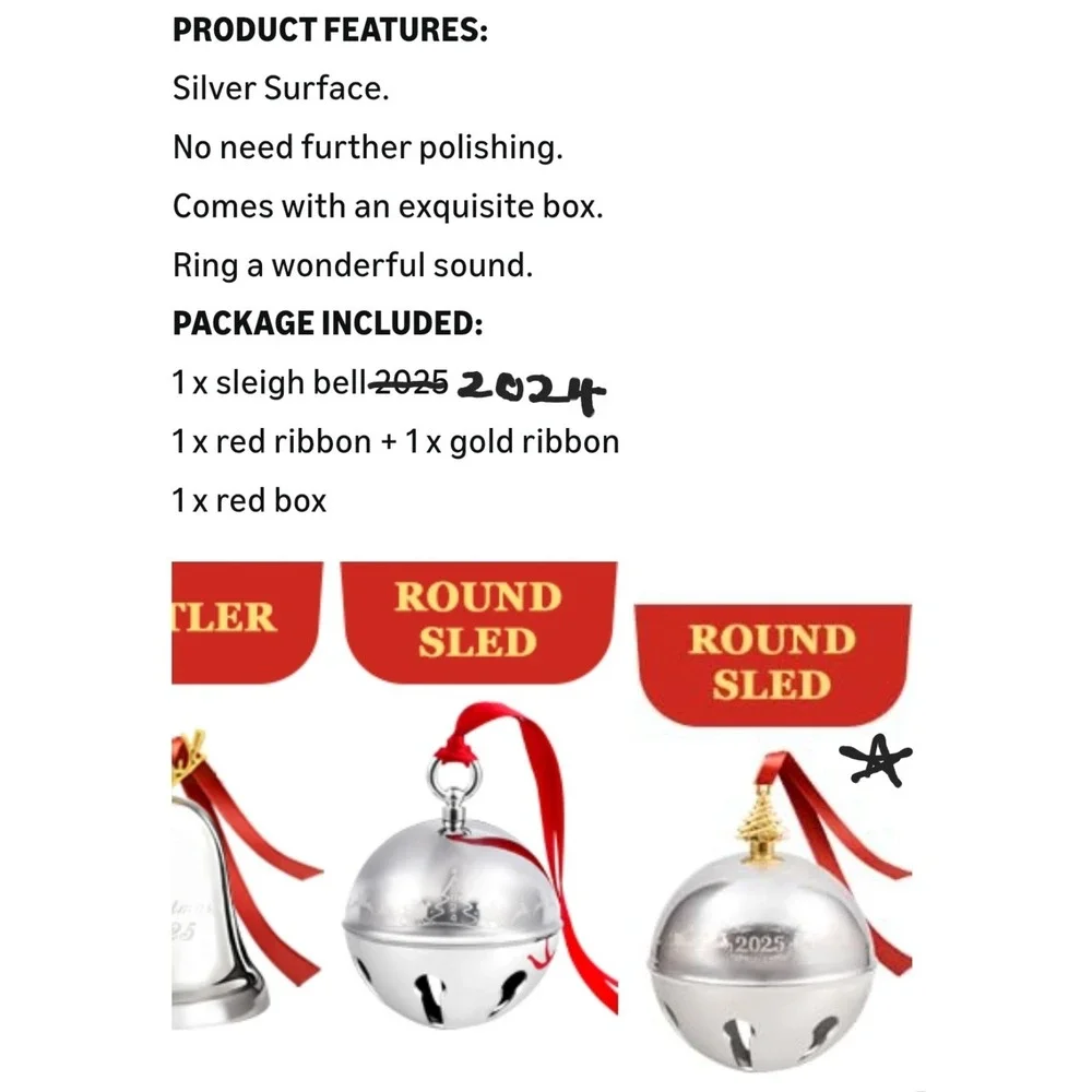 Oumee Silver Annual Sleigh Bell Christmas Tree Ornament 2024